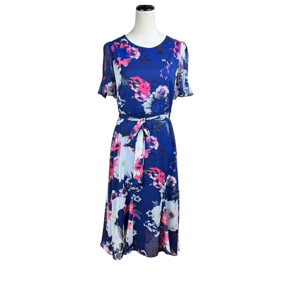 Harper Rose Blue Pink Floral Fit & Flare Flowy Short Sleeve Girly Chiffon Dress